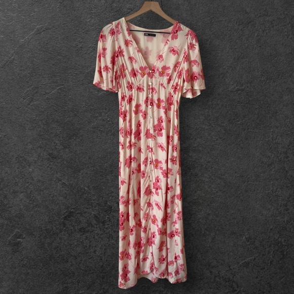 Zara Yellow Pink Floral Button Front Puff Sleeve Midi Dress Size M - Picture 5 of 16